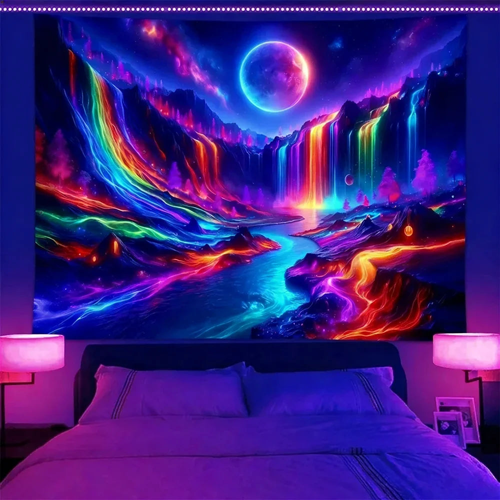 Glow in the Dark Tapestry with Fantasy Scenes UV reaction tapestry background decoration wall hanging bedroom party decoration