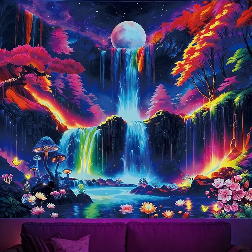 Glow in the Dark Tapestry with Fantasy Scenes UV reaction tapestry background decoration wall hanging bedroom party decoration