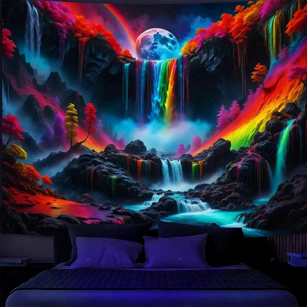 Glow in the Dark Tapestry with Fantasy Scenes UV reaction tapestry background decoration wall hanging bedroom party decoration